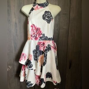 Windsor White Floral Halter Mini Dress with Pink & Black Flowers